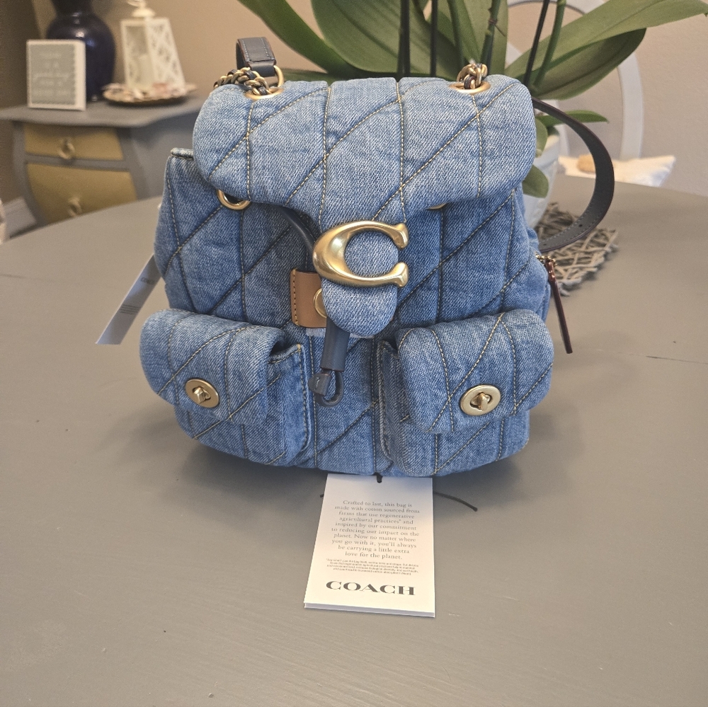 Coach Denim TABBY Quilted Backpack with Gold Accents